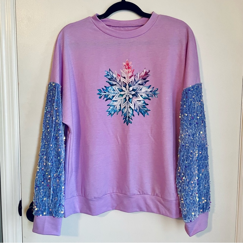 Women's Lavender Snowflake Sweater with Sequin Sleeves size Medium